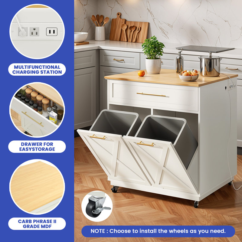 Craftian Kitchen Island Table With Storage & Power Outlet, Kitchen