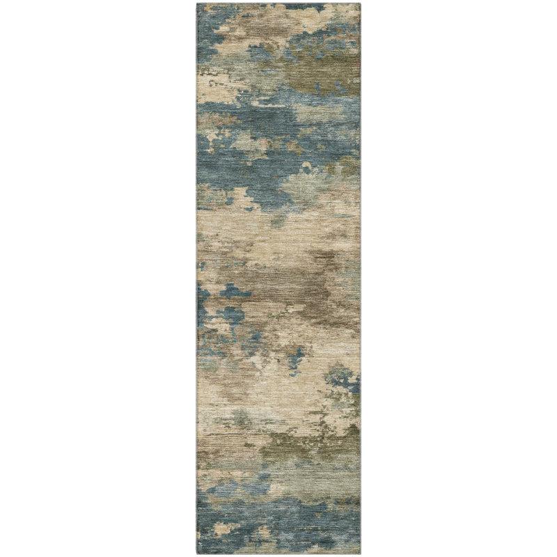 Tapis abstrait lavable à la machine de qualité supérieure Mayfield AMF2075, Tapis de couloir 2 pi 3 po x 7 pi 6 po, Sarcelle