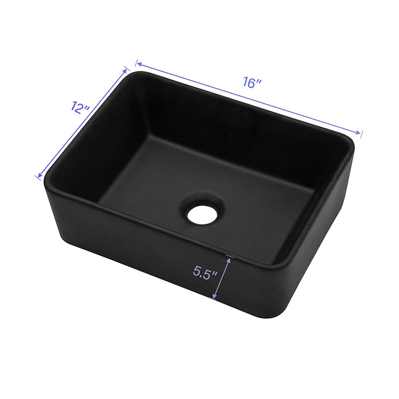 16"X12" Black Ceramic Rectangular Vessel Bathroom Sink, Matte Black