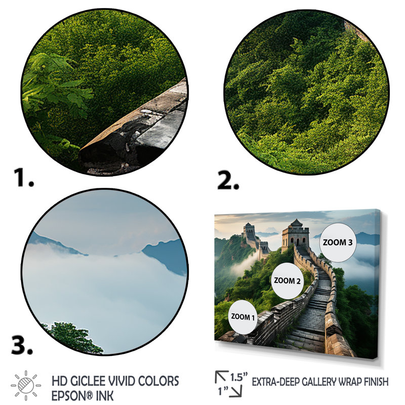 Grande muraille de Chine matin brumeux - art mural Chine, H 24 po x l 32 po x P 1 po, Cadre flottant blanc