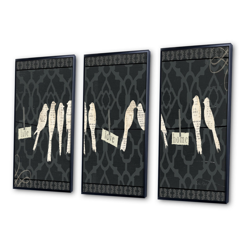 «French Bird Flea Market II», peinture sur toile 3 pièces, H 28 po x l 36 po, Noir