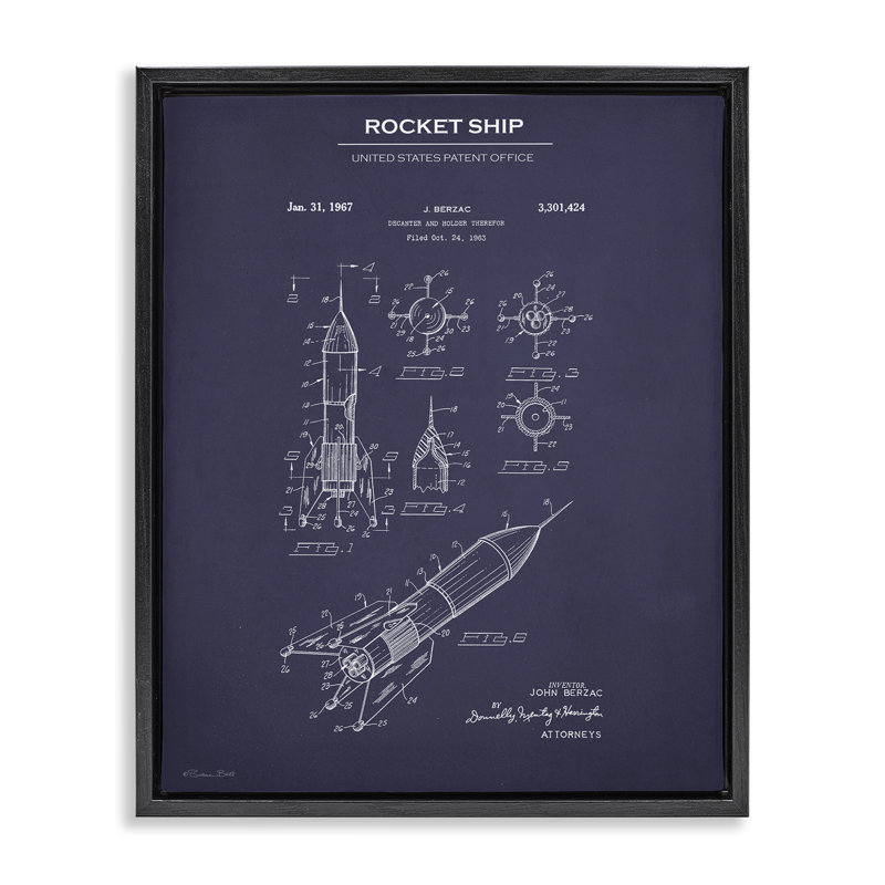 "Rocket Ship Blueprint", art mural encadré par Susan Ball, Cadre flottant noir de jais, H 31 po x l 25 po