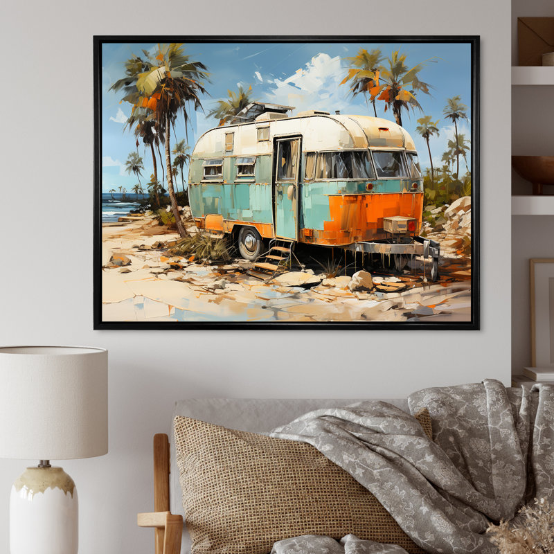 Pop art bord de mer, camping, impression sur toile, Cadre flottant noir, H 16 po x l 32 po x P 1 po