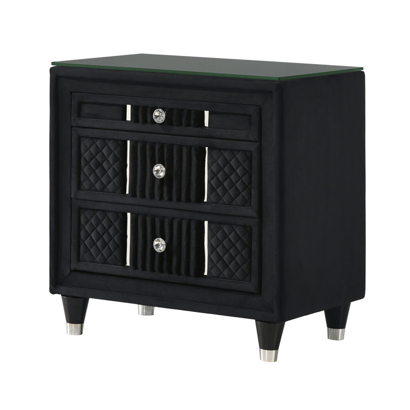 Table de chevet contemporaine en velours noir avec revêtement texturé luxueux