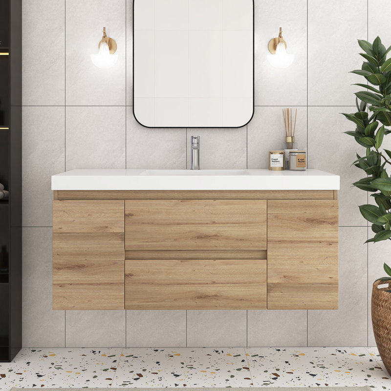 48'' Wall-Mounted Single Bathroom Vanity With Integrated Resin Top, Gray Oak