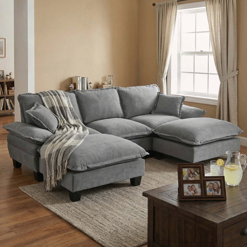 Canapé en U avec voilier, 2 repose-pieds et 2 coussins, chenille, 32.28" H x 59.45" W x 103.54" D, Gris