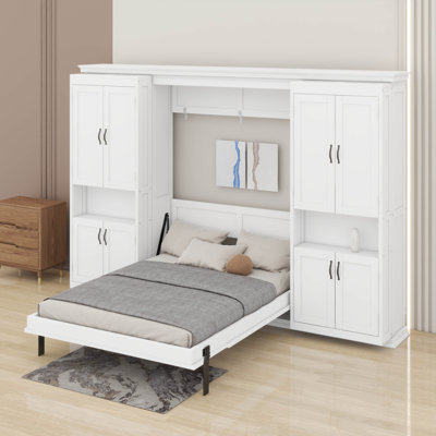 Lit double escamotable avec rangement, armoire escamotable dissimulée avec deux armoires de rangement coulissantes, deux tablettes latérales à 6 niveaux
