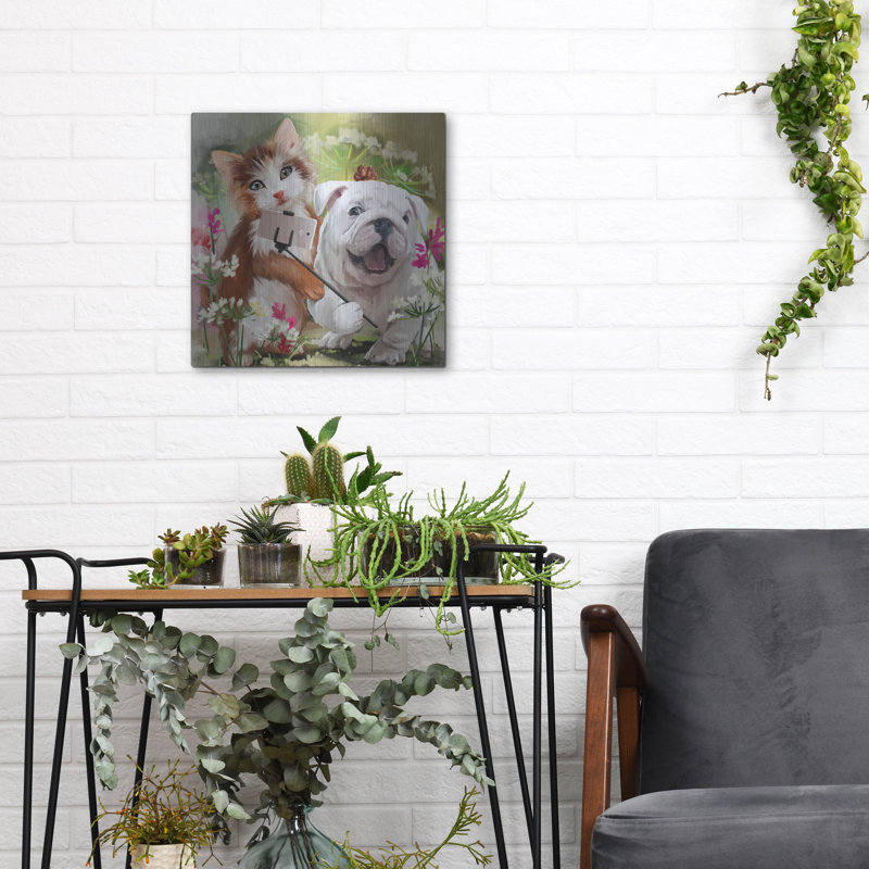  «Cat and Dog Pose For A Selfie» par Kajenna Art, art mural en métal, 12 po x 12 po, H 12 po x l 12 po