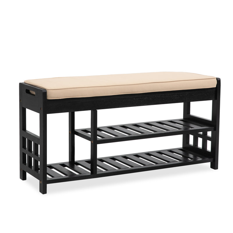 Banc de rangement pour chaussures en bois massif avec coussin, Noir