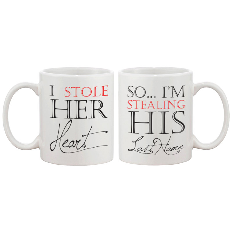White Ceramic Wedding Couple Mug Set with Heart Graphic
