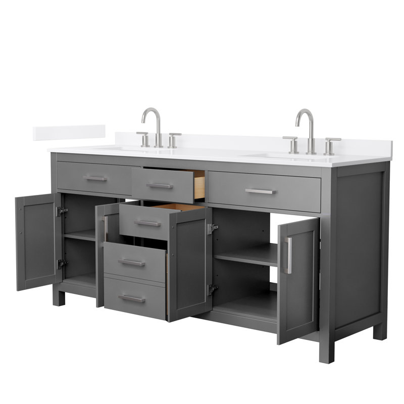 Meuble-lavabo double autoportant 72 po avec plateau en quartz Beckett, Gris foncé, Nickel brossé, Quartz blanc