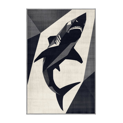 Tapis géométrique beige et gris délavé à la machine Pantelia Shark