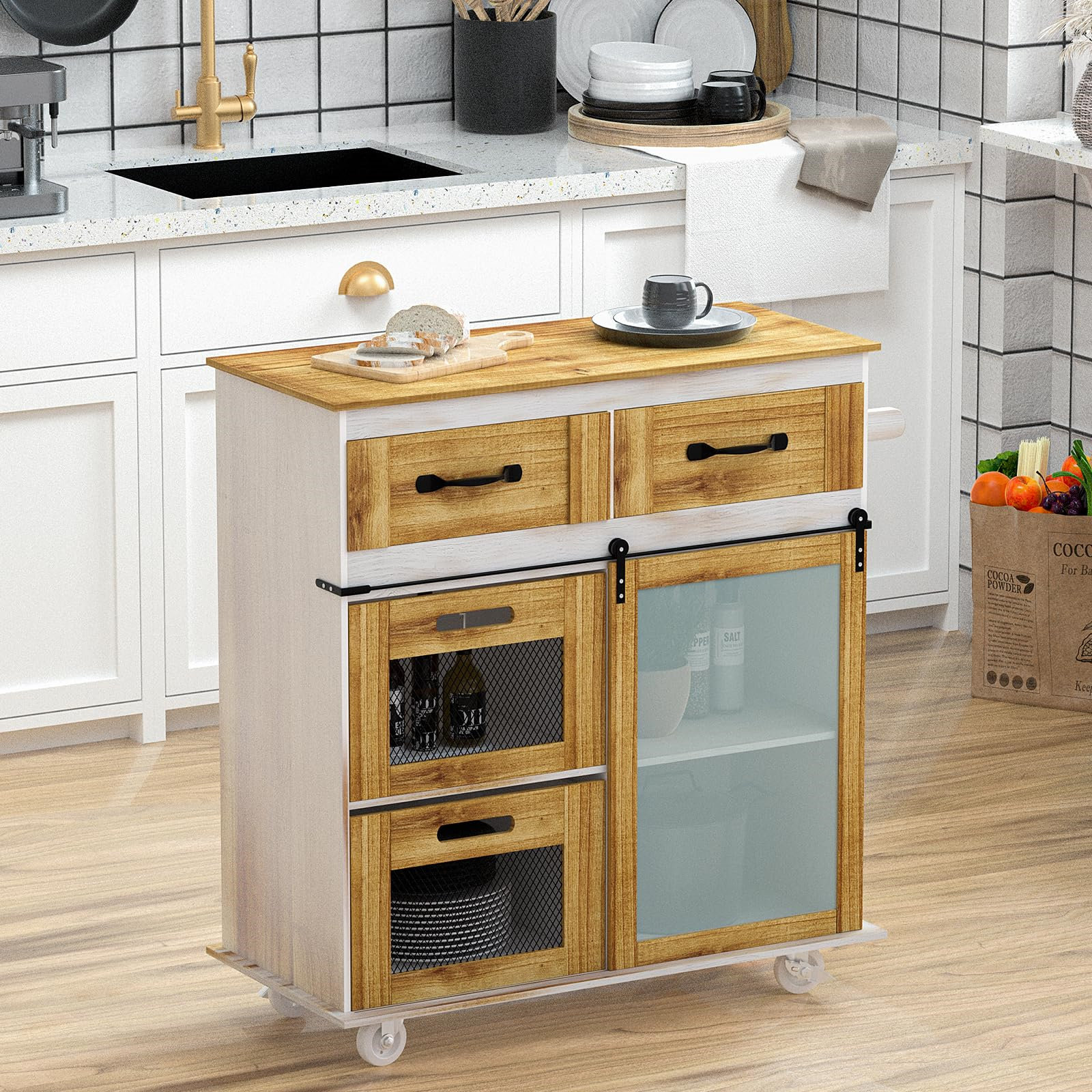 Kitchen Cart with Storage, Small Kitchen Island Cart on Wheels, Rolling  Coffee Cart with Sliding Barn Door, Kitchen Serving Cart with Wooden