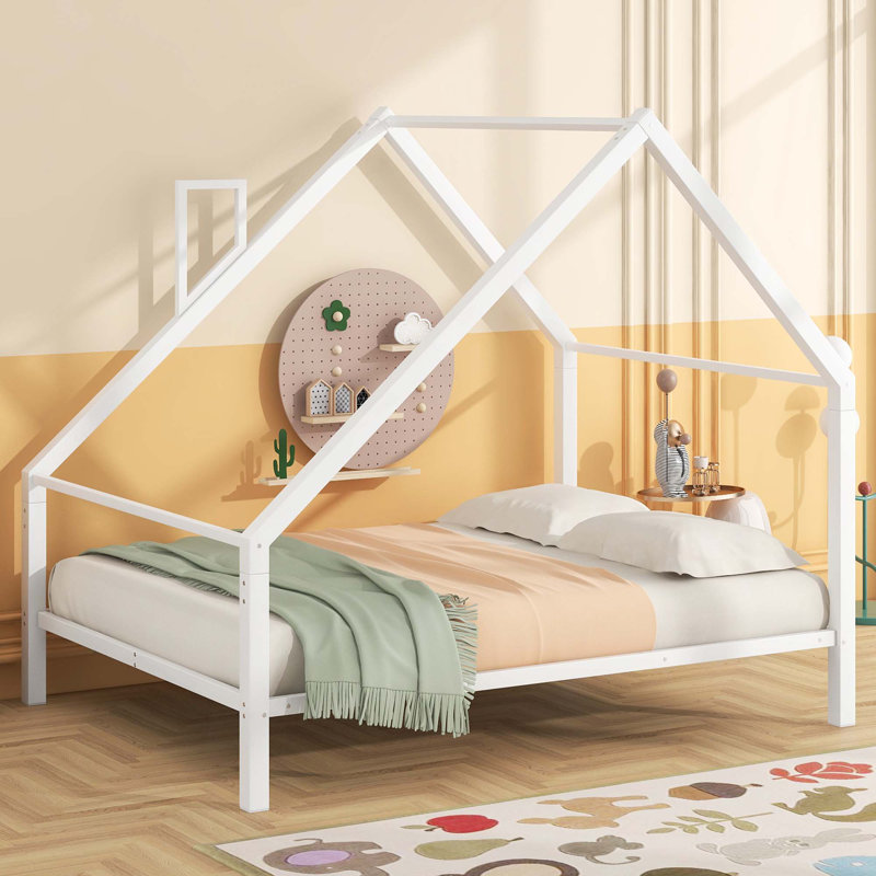 Lit plateforme en métal avec toit et cheminée, Lit double, Blanc