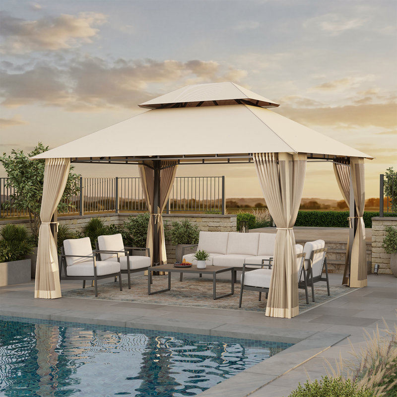12' x 10' Heavy Duty Patio Gazebo with Extended Eaves - Stable Frame Double Roof Pavilion with Netting and Built-In Drainage