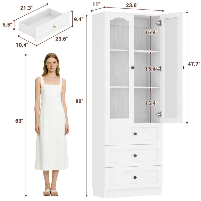 Armoire avec tiroirs en bois, armoire avec porte en verre, White