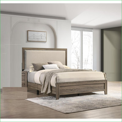Grand lit de tête de lit tapissier en tissu gris - Structure en bois massif avec garniture cloutée capitonnée pour la chambre principale / chambre d'amis