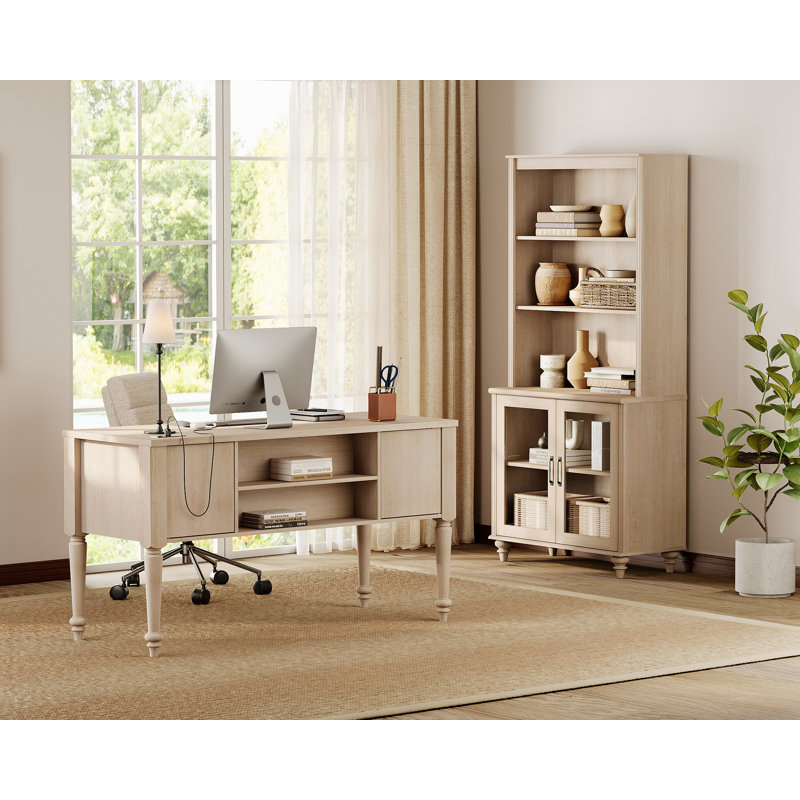 2 Piece Office Set, 56" Executive Desk & Bookcase With Glass Doors, Beige