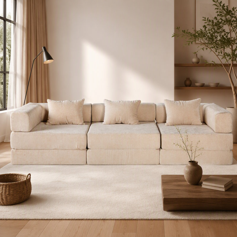 Canapé-lit convertible Compression, 118.11" W, Beige Chenille