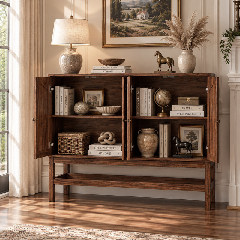 Buffet à arc cannelé de 120 cm de large avec tablette ajustable, Noyer