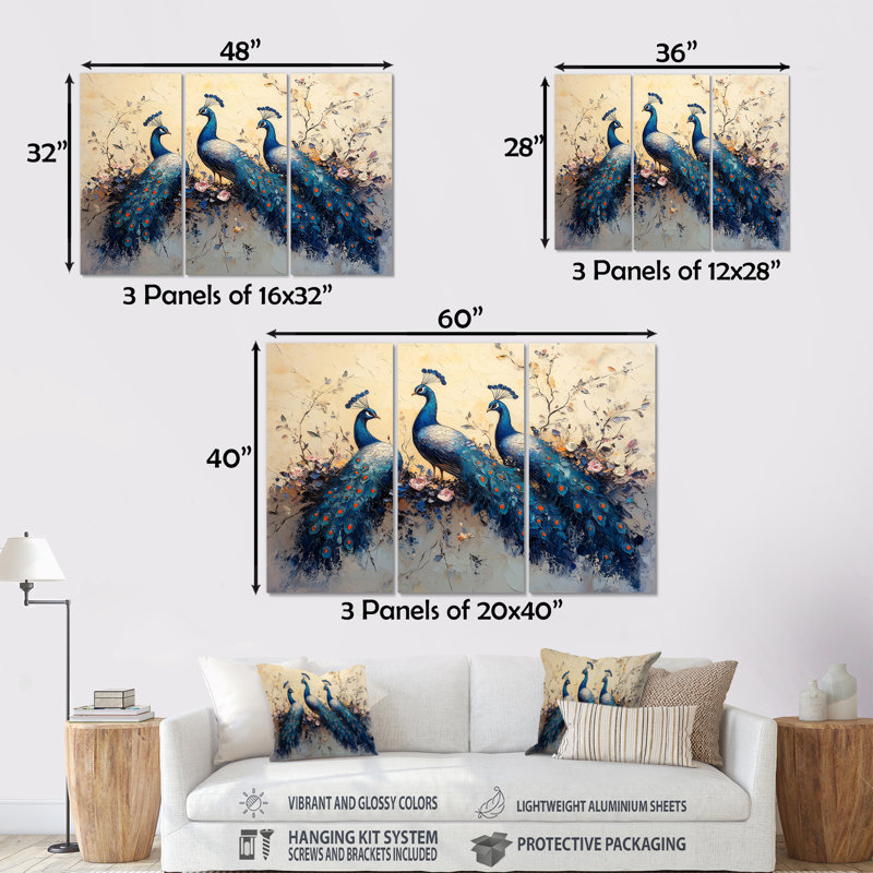«Blue Classic Peacocks Reunion» - ensemble d'art mural paon, Métal métal, H 28 po x l 36 po x P 1 po