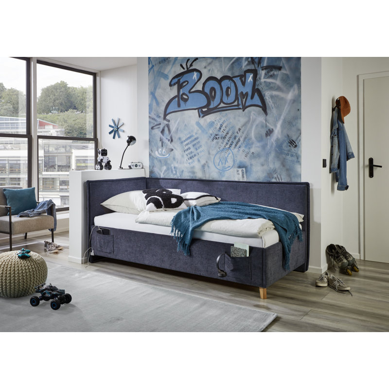 Chickerell Upholstered Standard Bed, European Single (90 x 200cm), Dark Blue