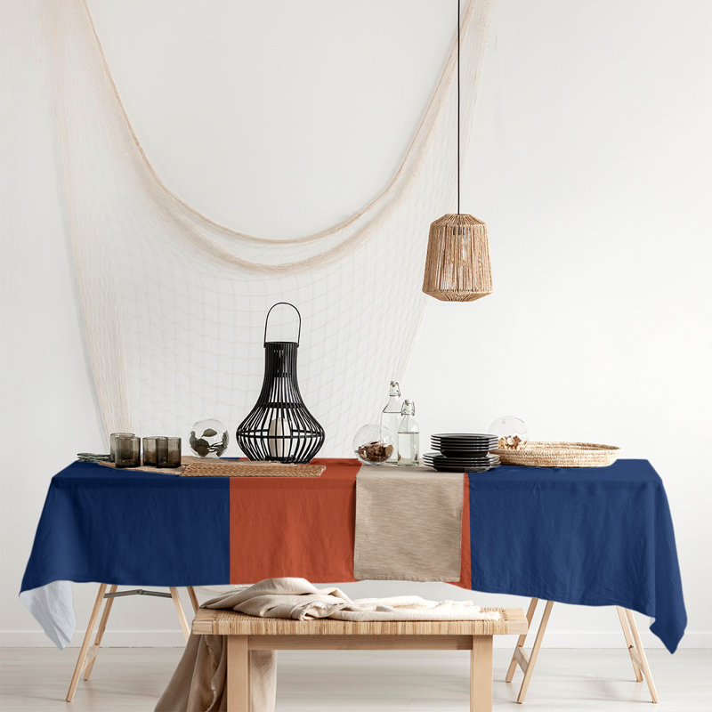 Chemin de table Edmonton, 72 po x 16 po, Orange / bleu marine / orange, Mélange de coton