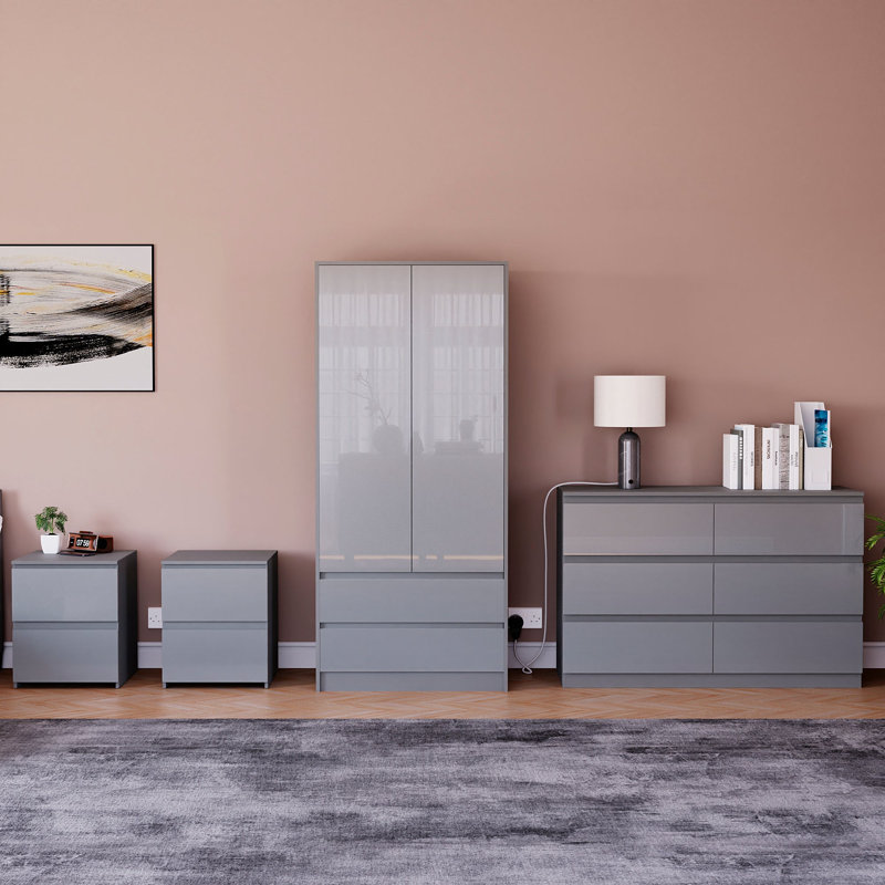 Taniesha 4 Piece Bedroom Set (2 Drawer Bedside Chest X2, 6 Drawer Chest, 2 Door 2 Drawer Wardrobe), (100% FSC), Grey
