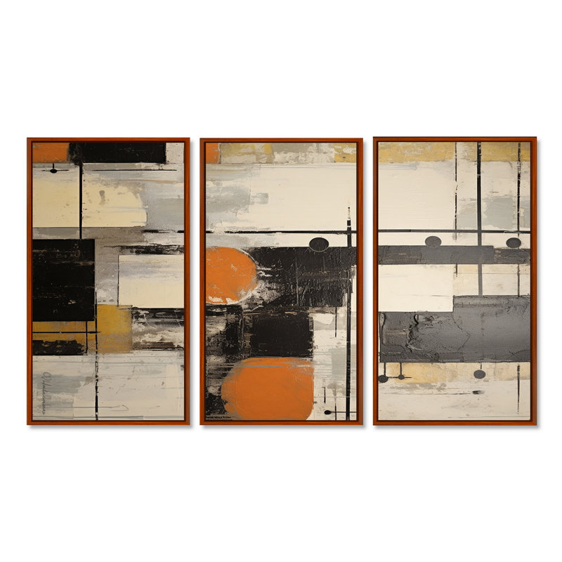 «Deconstrstruction Beige Orange Black White - Abstract Shapes», ensemble de reproductions d'art mural, Cadre flottant brun