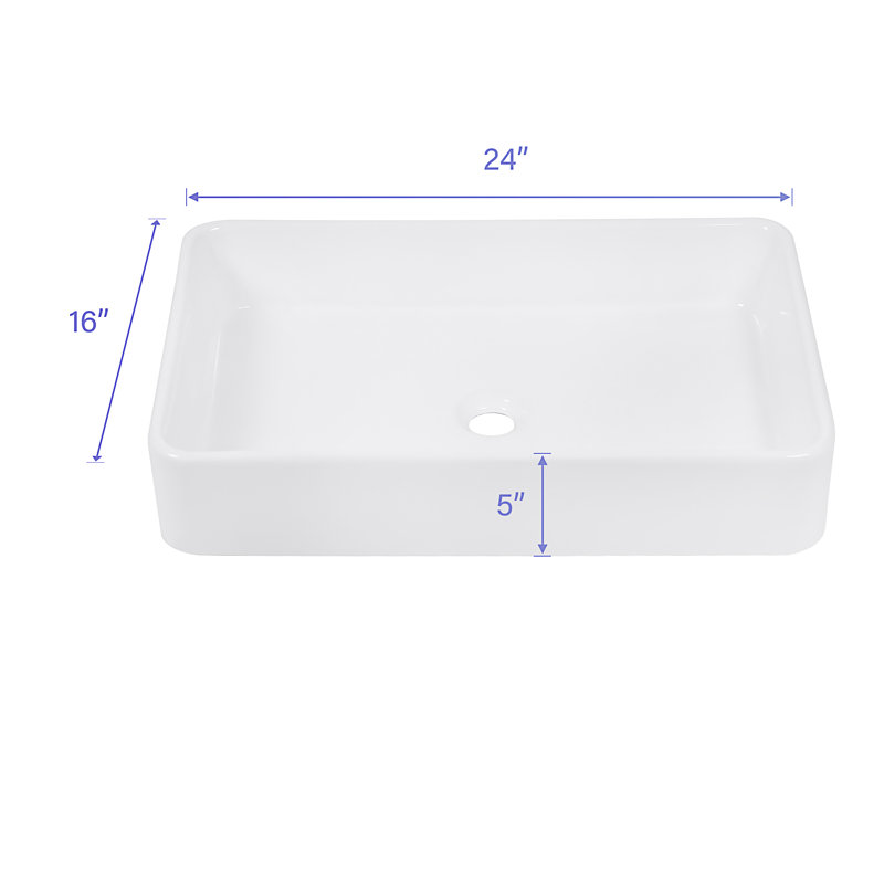 24"X16" White Ceramic Rectangular Vessel Bathroom Sink, White
