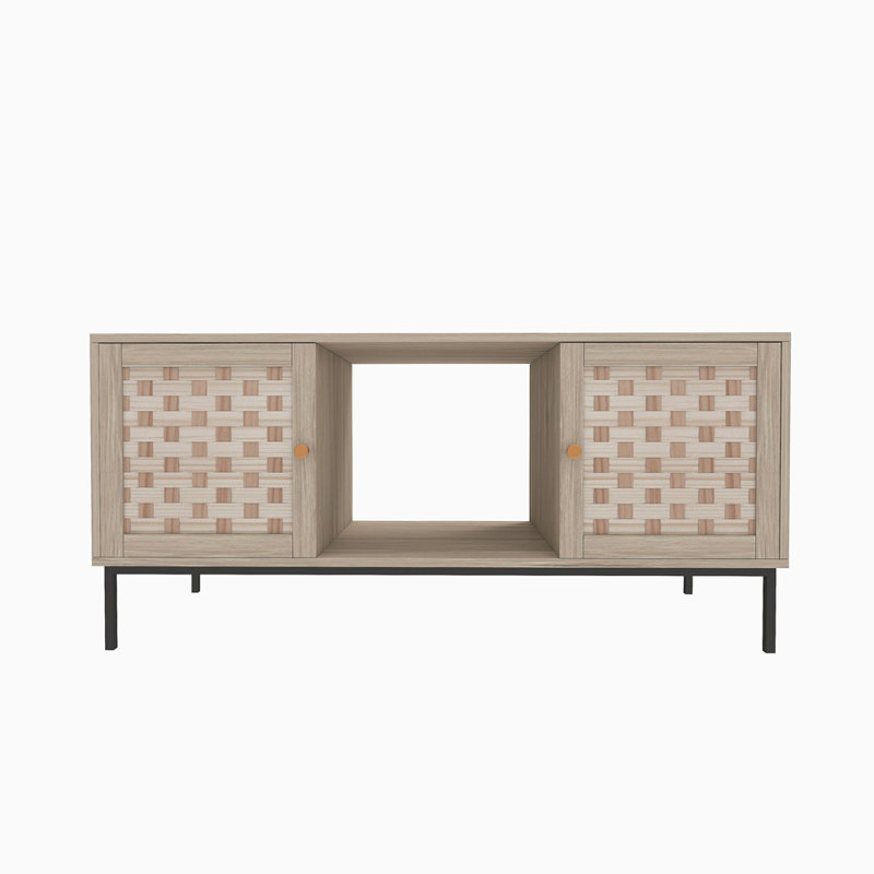 Elegant Veener Weaving Design Coffee Table With 4 Sliding Door, Wooden Center Rectangular Table With Symmetrical Design Storage Cabinet
