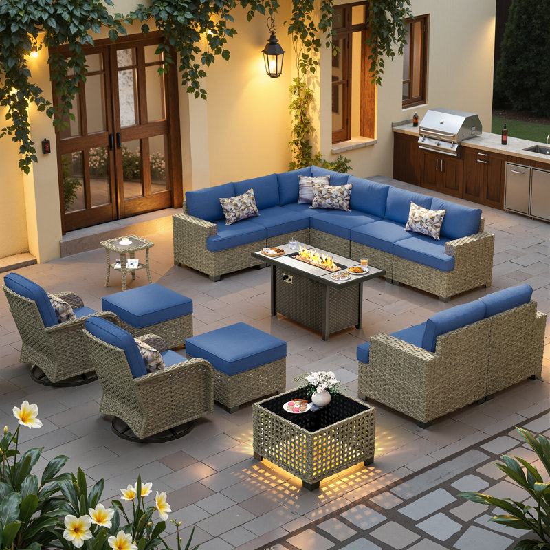 12-Person Outdoor Sectional With Fire Pit,All-Weather Wicker Patio Set, Navy