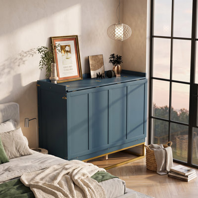 Armoire-lit escamotable de style shaker Varelon avec pieds en fer, lit escamotable peu encombrant pour le bureau à domicile et la chambre d'amis