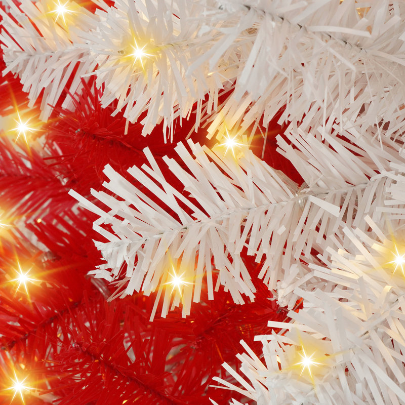 Arbre de Noël artificiel 6 pi avec 300 lumières à DEL blanc chaud, 904 branches pliables, rouge - aspect bonbon pour arbre de décoration festive, 6 pieds de haut, flexible et style maison de vacances Joy
