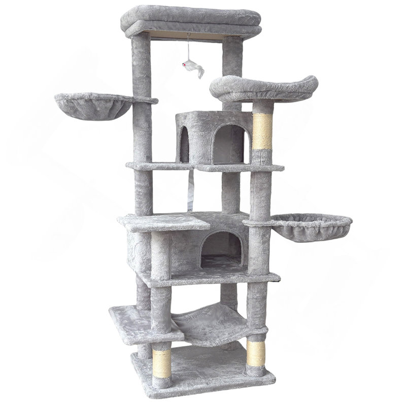 Arbre à chat de 68 po de hauteur à plusieurs niveaux avec hamacs, panier suspendu, grotte pour chat, coussin amovible, poteaux à griffer - tour de chat en peluche pour chats d'intérieur, pour chats multiples