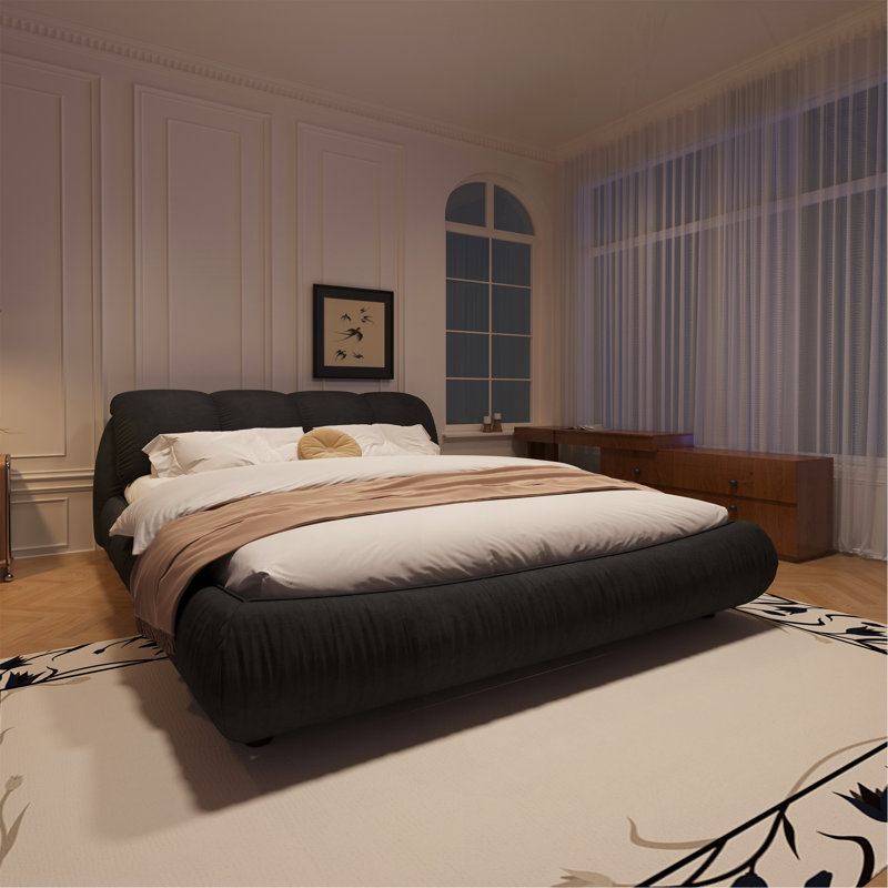 Grand lit plateforme tapissier grand format avec dossier rembourré surdimensionné et structure en bois massif, convenant à plusieurs hauteurs de matelas, noir