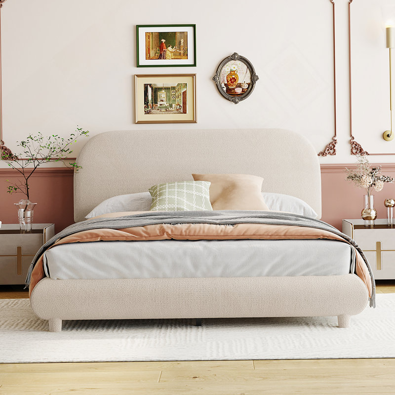 Lit plateforme tapissier, structure solide et design élégant en forme de courbe, Beige, Double