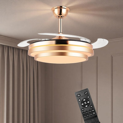 42 Inch Retractable Ceiling Fan w/Light and Remote, Quiet DC Motor Fandelier w/ 6 Speeds, Reversible Airflow, Dimmable LED 3-Color Changeable, Modern Fan for Bedroom Living Room