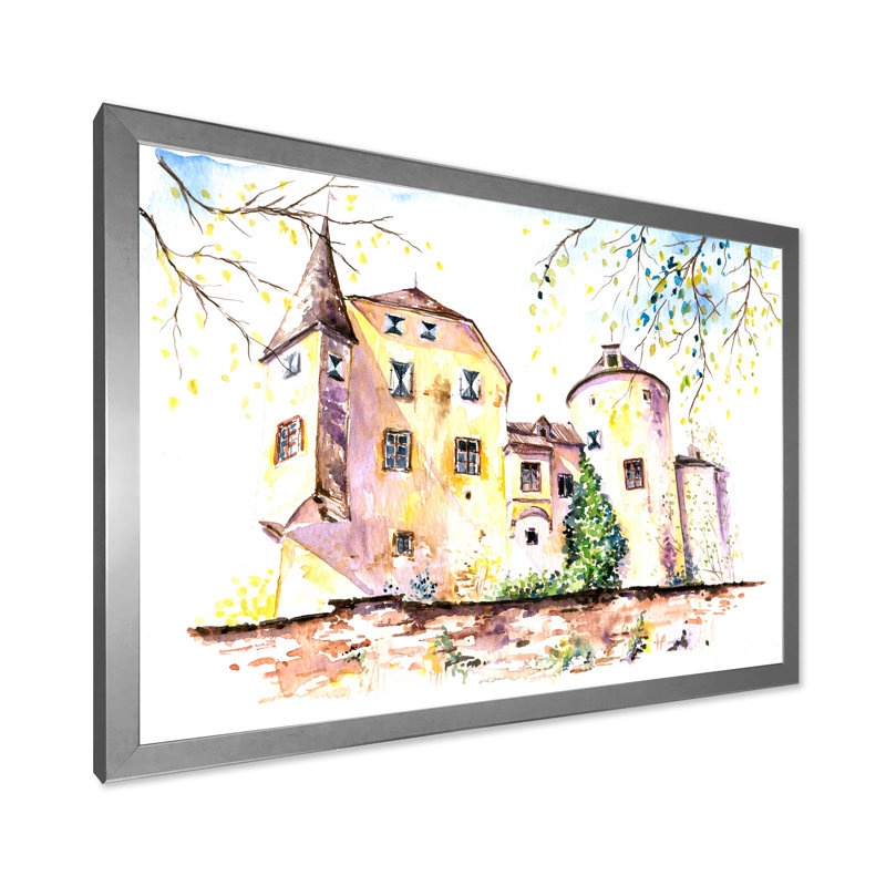 Château jaune rétro - peinture sur toile, H 24 po x l 32 po, Toile avec cadre photo argenté