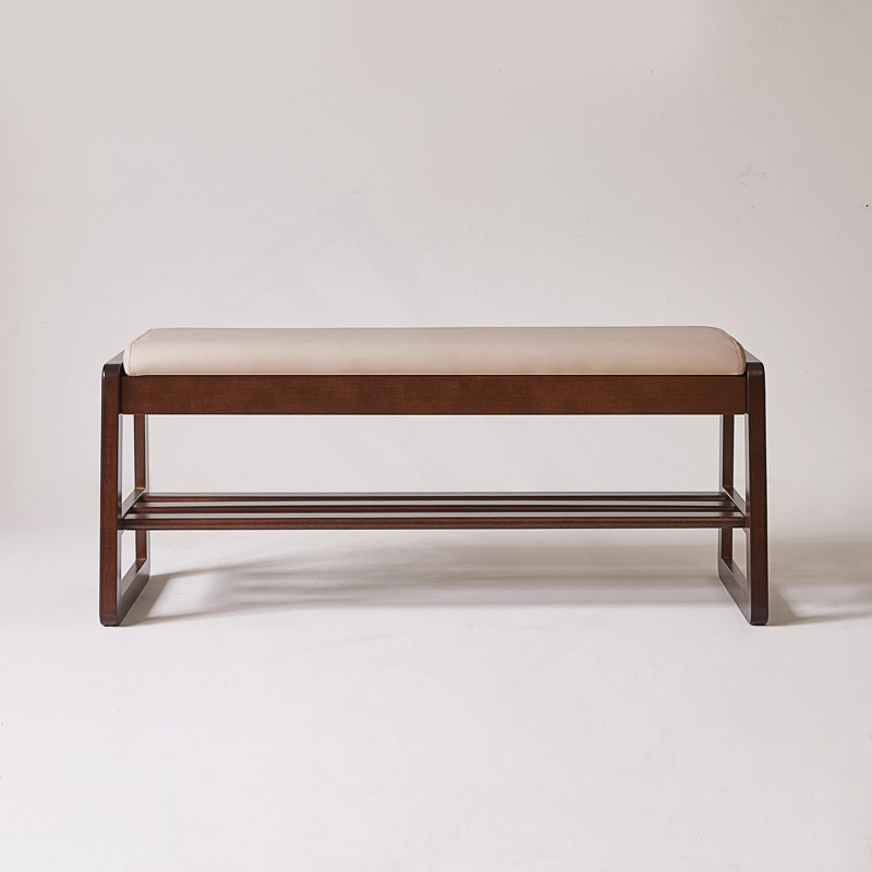 Banc de rangement en bois pour chaussures avec siège en cuir végétalien et plateau relevable, Beige