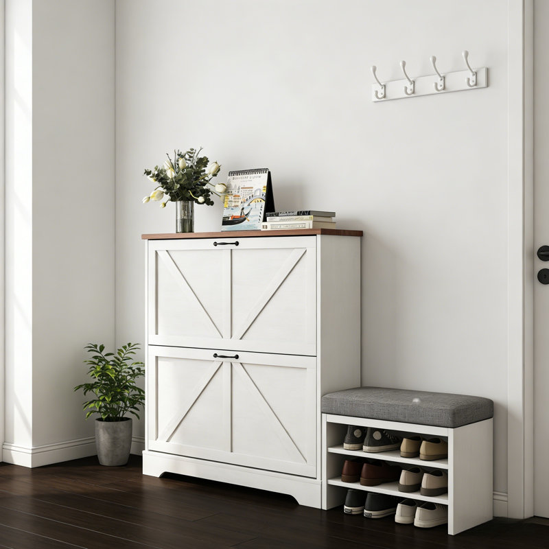 Premium Wooden Shoe Cabinet For Home, 37" H x 31.5" W x 9.5" D, White