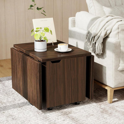 Folding Coffee Table - Walnut - 48 Inch Drop Leaf Extendable Center Table With Storage Cabinet & Wheels, Rolling Side Table, Mid Century Modern Living Room Table For Small Spaces