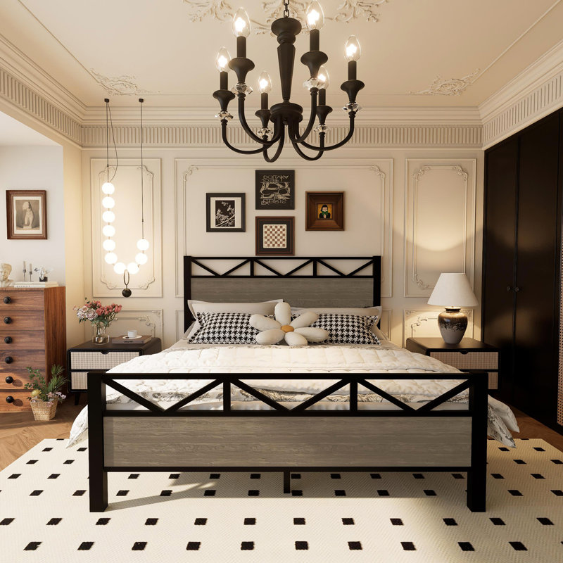 Structure de lit double avec assemblage facile et tête de lit rétro rustique pour les chambres à coucher de style industriel