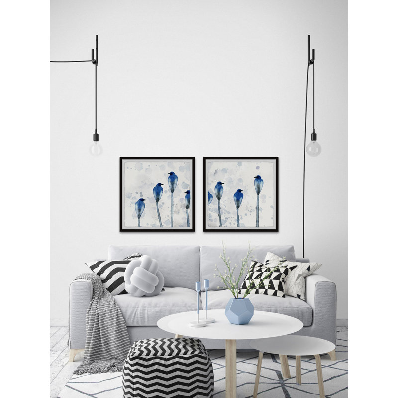 Diptyque d'oiseaux bleus debout, H 18 po x l 18 po