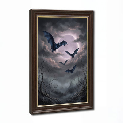 Flying Bats Against Glowing Moon And Dark Clouds Canvas Wall Art