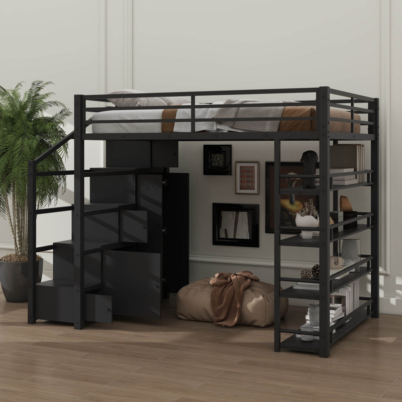 Grand lit mezzanine en métal avec unités de rangement, lit avec armoires intégrées et garde-robe