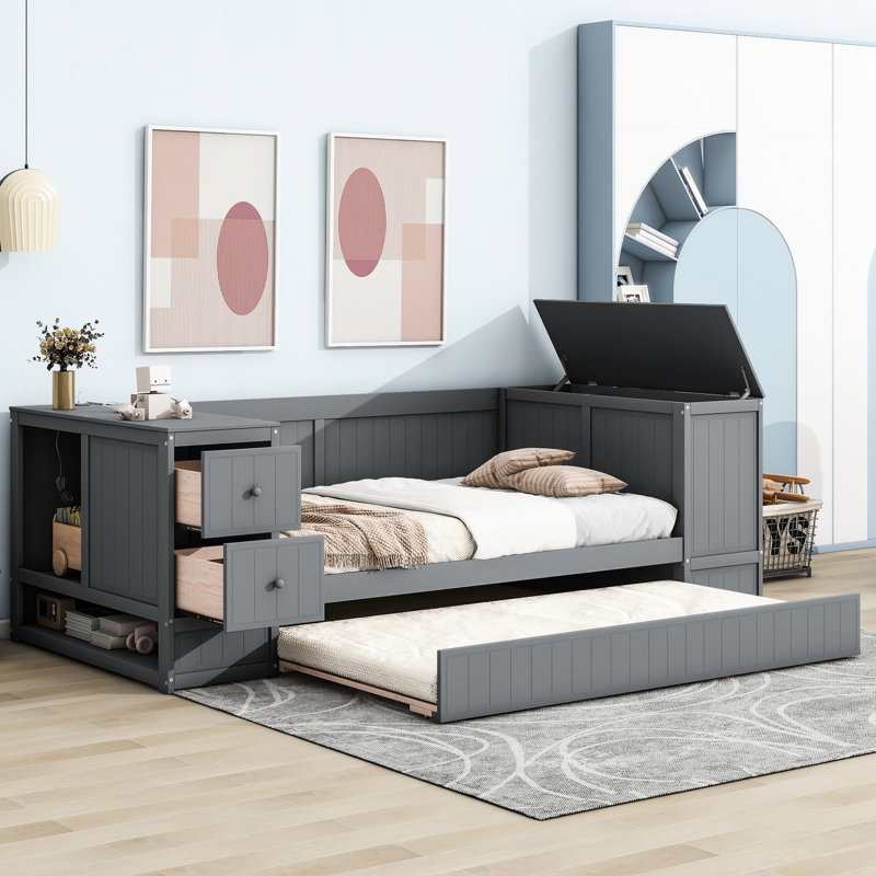 Lit de jour simple avec rangement pour bijoux, gigogne, gris - tablettes de rangement en bois, Gris