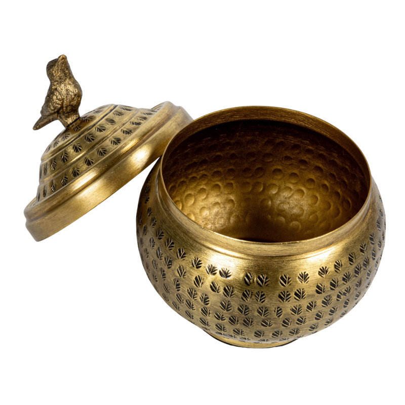 Feliberto Round Hammered Metal Container with Bird Finial