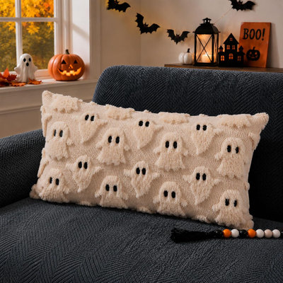 Housses de coussin d'Halloween 30x50 cm, motif fantôme beige en peluche, décoration d'Halloween 095B12, taies d'oreiller douces en fausse fourrure, pour fauteuil, canapé, chambre, salon, décoration de l'Action de grâce