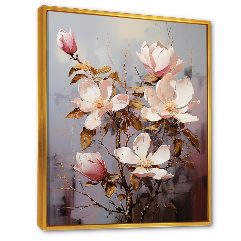 Magnolias II d'extravagance dorée sur toile, Cadre flottant doré, H 40 po x l 30 po x P 1,5 po